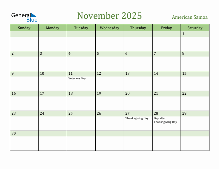 November 2025 Calendar with American Samoa Holidays