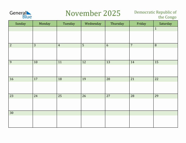November 2025 Calendar with Democratic Republic of the Congo Holidays