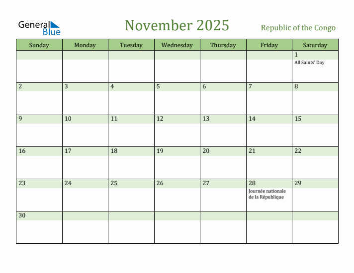 November 2025 Calendar with Republic of the Congo Holidays