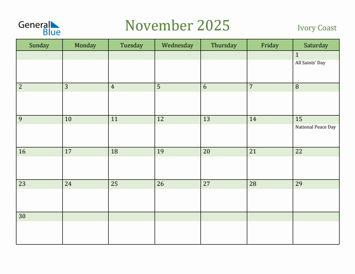 November 2025 Calendar with Ivory Coast Holidays