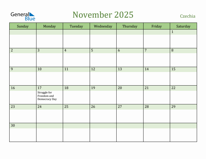 November 2025 Calendar with Czechia Holidays