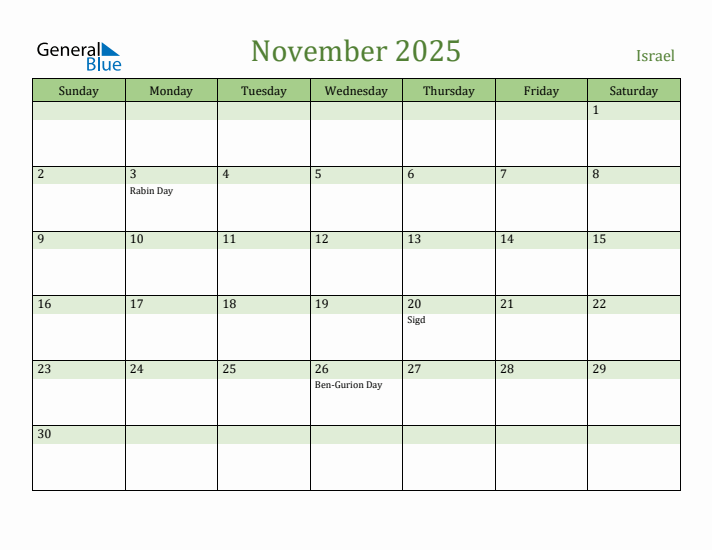 November 2025 Calendar with Israel Holidays