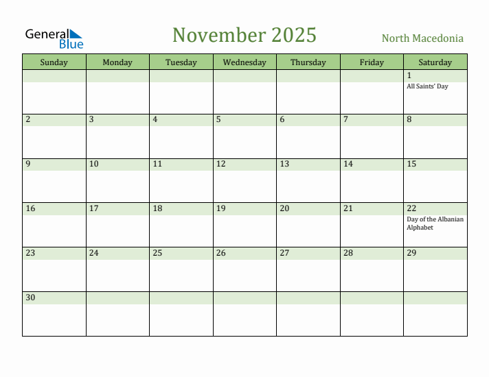 November 2025 Calendar with North Macedonia Holidays