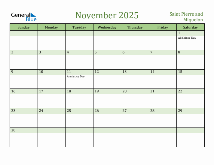 November 2025 Calendar with Saint Pierre and Miquelon Holidays