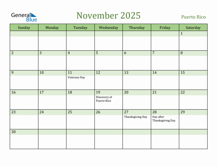 November 2025 Calendar with Puerto Rico Holidays