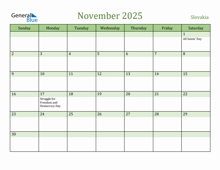 November 2025 Calendar with Slovakia Holidays