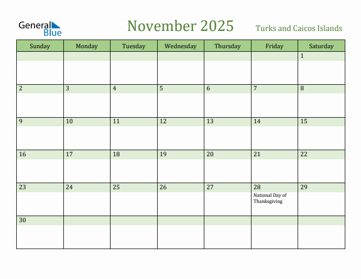 November 2025 Calendar with Turks and Caicos Islands Holidays