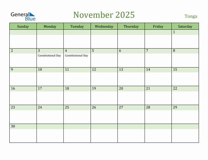 November 2025 Calendar with Tonga Holidays