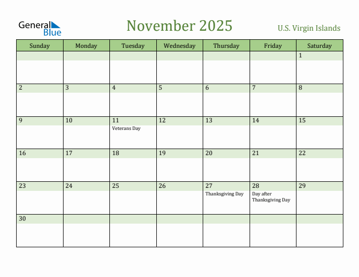 November 2025 Calendar with U.S. Virgin Islands Holidays