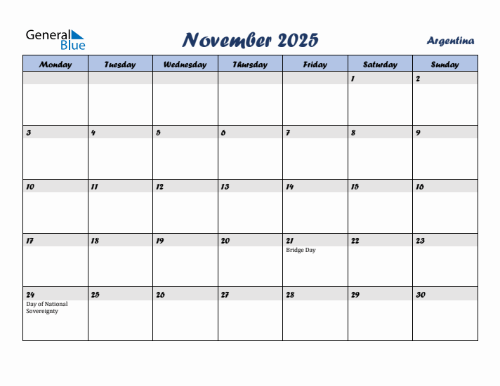 November 2025 Calendar with Holidays in Argentina