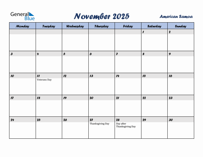 November 2025 Calendar with Holidays in American Samoa