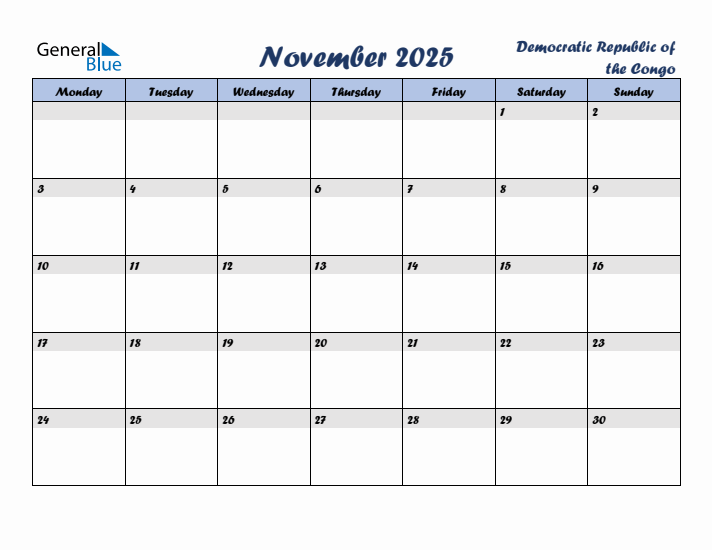 November 2025 Calendar with Holidays in Democratic Republic of the Congo