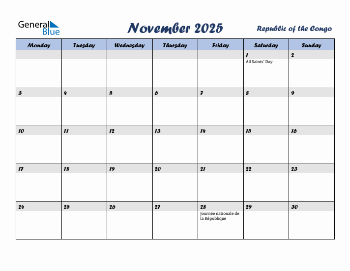 November 2025 Calendar with Holidays in Republic of the Congo