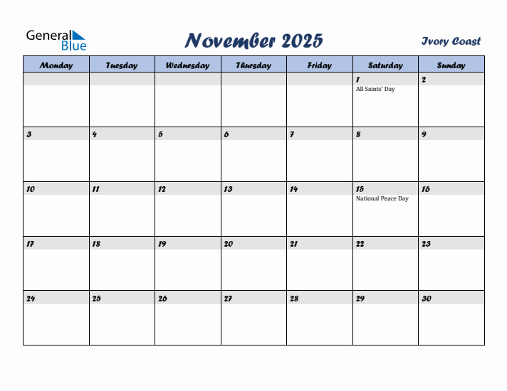 November 2025 Calendar with Holidays in Ivory Coast