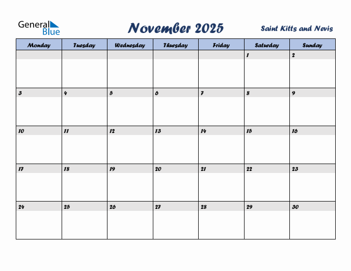 November 2025 Calendar with Holidays in Saint Kitts and Nevis