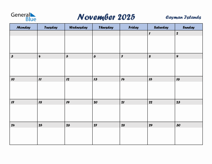 November 2025 Calendar with Holidays in Cayman Islands
