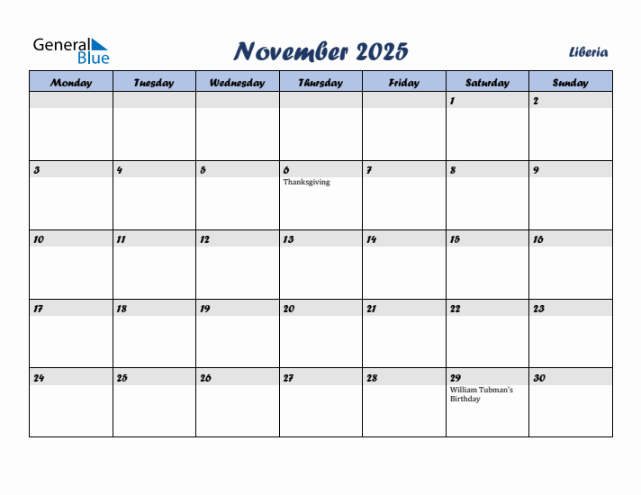 November 2025 Calendar with Holidays in Liberia
