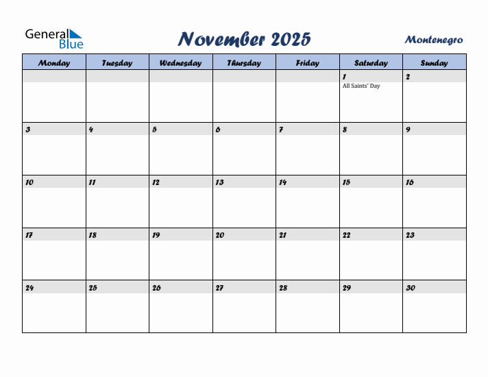 November 2025 Calendar with Holidays in Montenegro