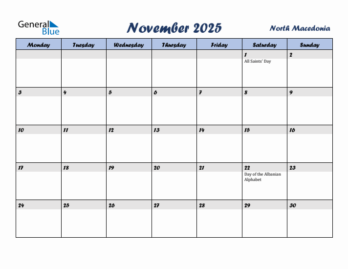 November 2025 Calendar with Holidays in North Macedonia