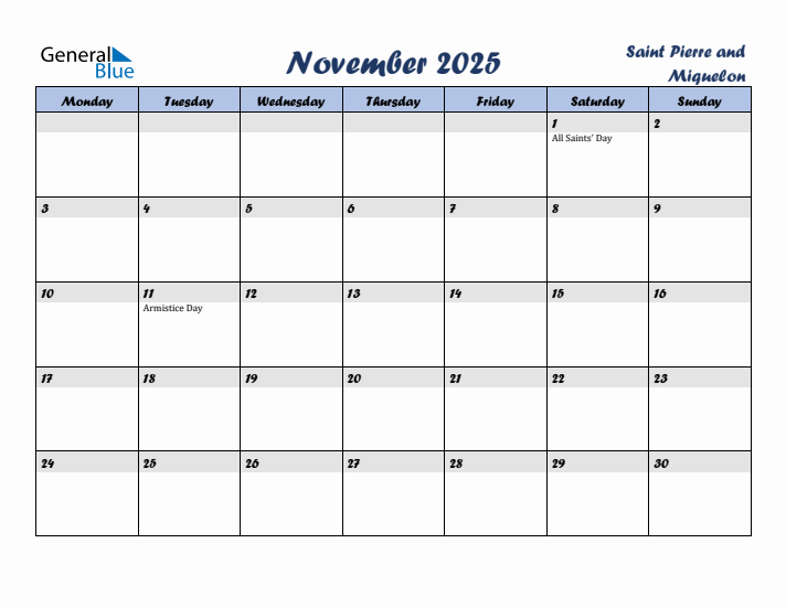 November 2025 Calendar with Holidays in Saint Pierre and Miquelon