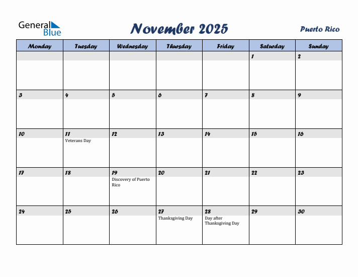 November 2025 Calendar with Holidays in Puerto Rico