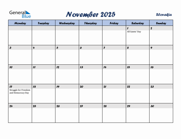 November 2025 Calendar with Holidays in Slovakia
