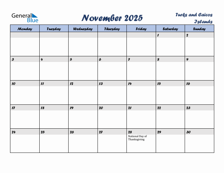 November 2025 Calendar with Holidays in Turks and Caicos Islands