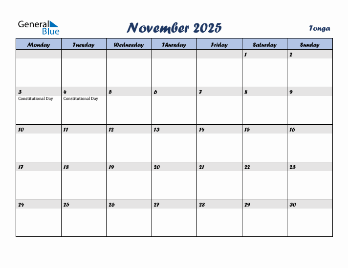 November 2025 Calendar with Holidays in Tonga