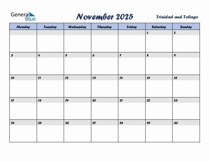 November 2025 Calendar with Holidays in Trinidad and Tobago