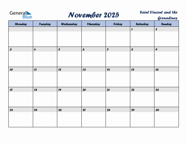 November 2025 Calendar with Holidays in Saint Vincent and the Grenadines
