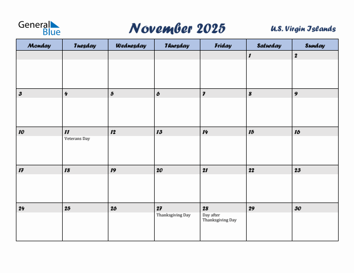 November 2025 Calendar with Holidays in U.S. Virgin Islands