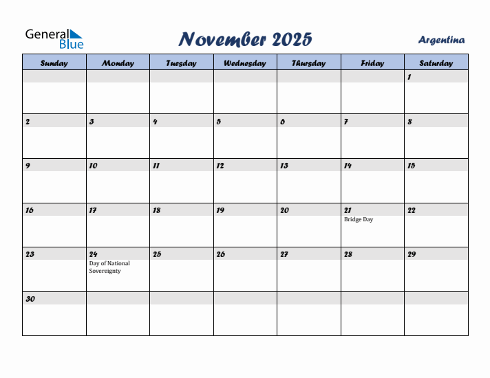 November 2025 Calendar with Holidays in Argentina