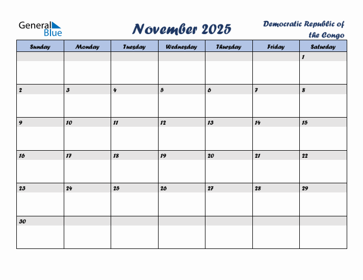 November 2025 Calendar with Holidays in Democratic Republic of the Congo