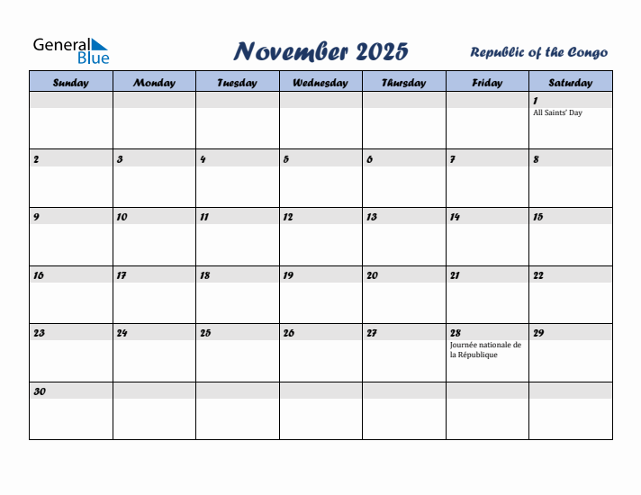 November 2025 Calendar with Holidays in Republic of the Congo