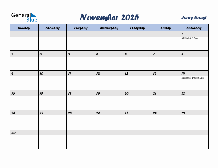 November 2025 Calendar with Holidays in Ivory Coast
