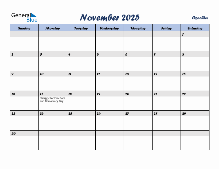 November 2025 Calendar with Holidays in Czechia