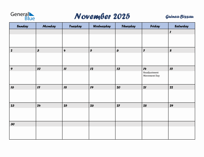 November 2025 Calendar with Holidays in Guinea-Bissau