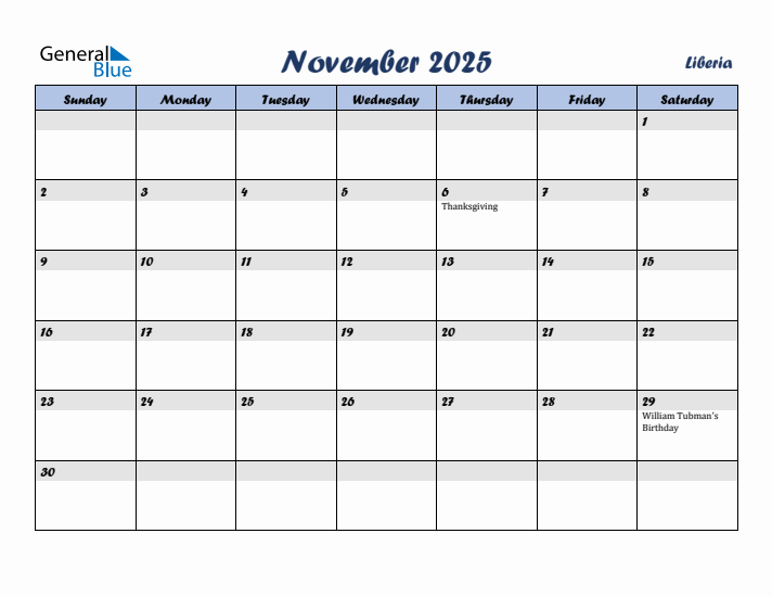 November 2025 Calendar with Holidays in Liberia