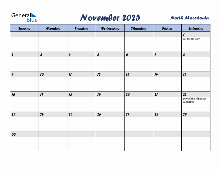 November 2025 Calendar with Holidays in North Macedonia