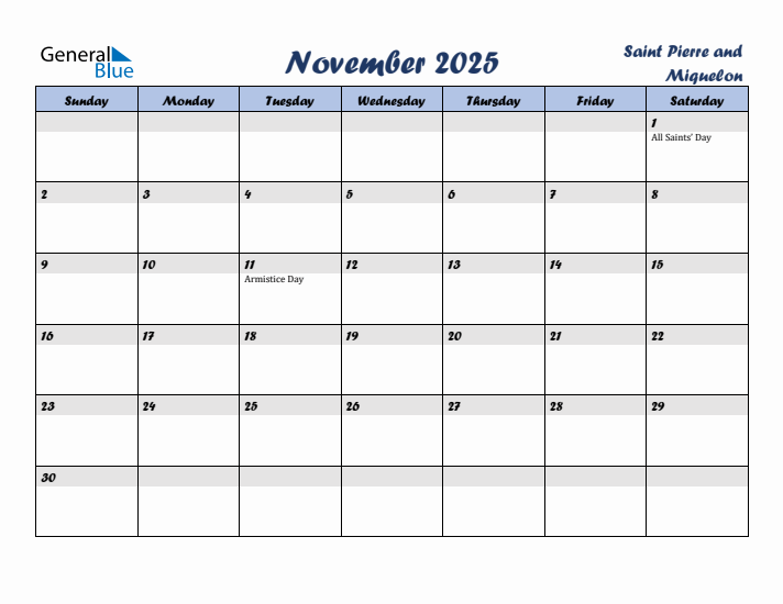 November 2025 Calendar with Holidays in Saint Pierre and Miquelon
