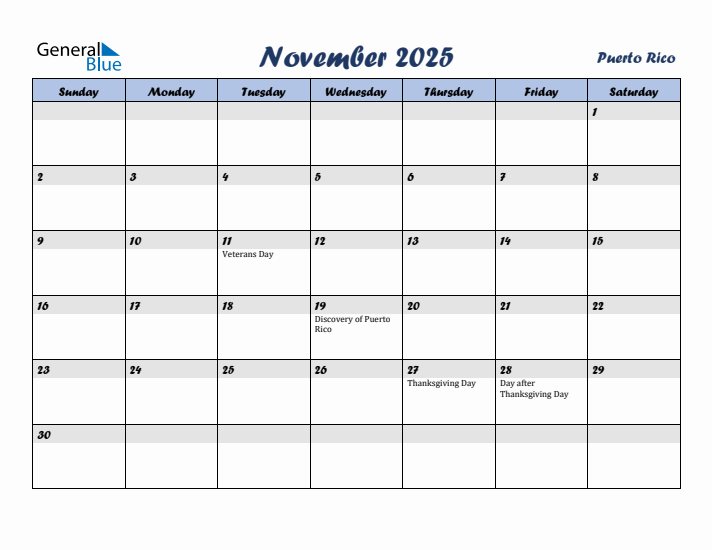 November 2025 Calendar with Holidays in Puerto Rico