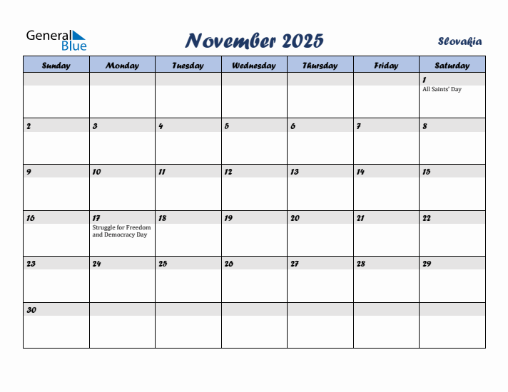 November 2025 Calendar with Holidays in Slovakia