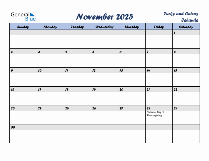 November 2025 Calendar with Holidays in Turks and Caicos Islands