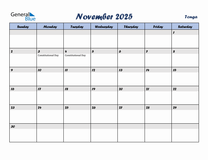 November 2025 Calendar with Holidays in Tonga