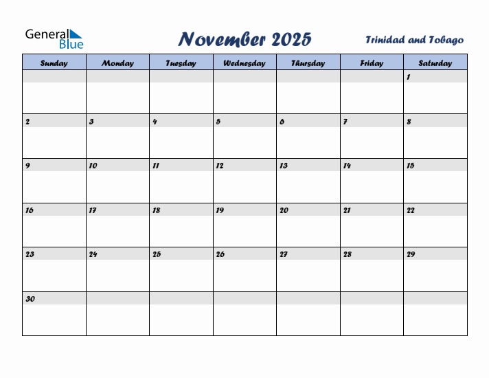 November 2025 Calendar with Holidays in Trinidad and Tobago