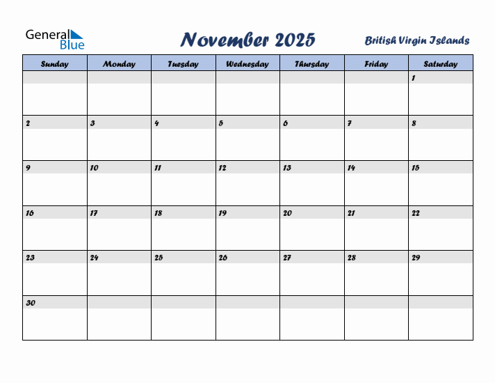 November 2025 Calendar with Holidays in British Virgin Islands