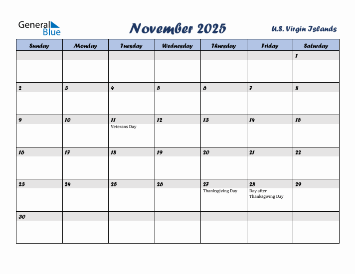 November 2025 Calendar with Holidays in U.S. Virgin Islands