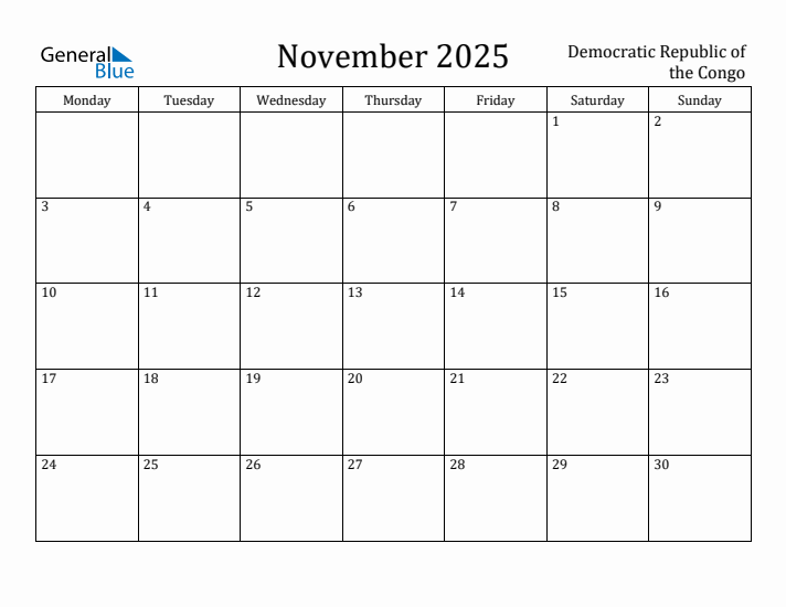 November 2025 Calendar Democratic Republic of the Congo