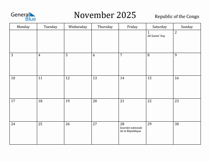November 2025 Calendar Republic of the Congo