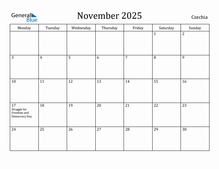 November 2025 Calendar Czechia
